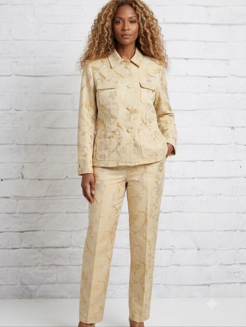 New York & Company Tailored 90s Cream Floral Jacquard Jacket & Pant Set